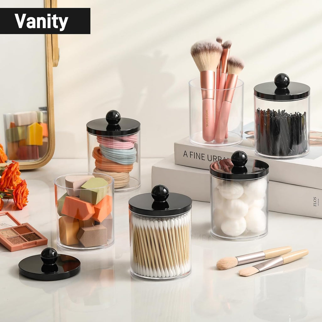 Skiennix Acrylic Qtip Holder Dispenser - 3 Pack Cotton Swab & Makeup Organizer Set | Clear & Black