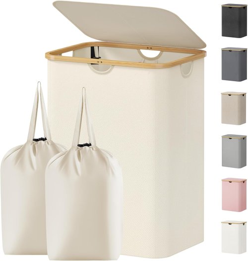 Lifewit 150L Laundry Basket - Foldable Hamper with Lid & Bamboo Handles | White, Large Capacity