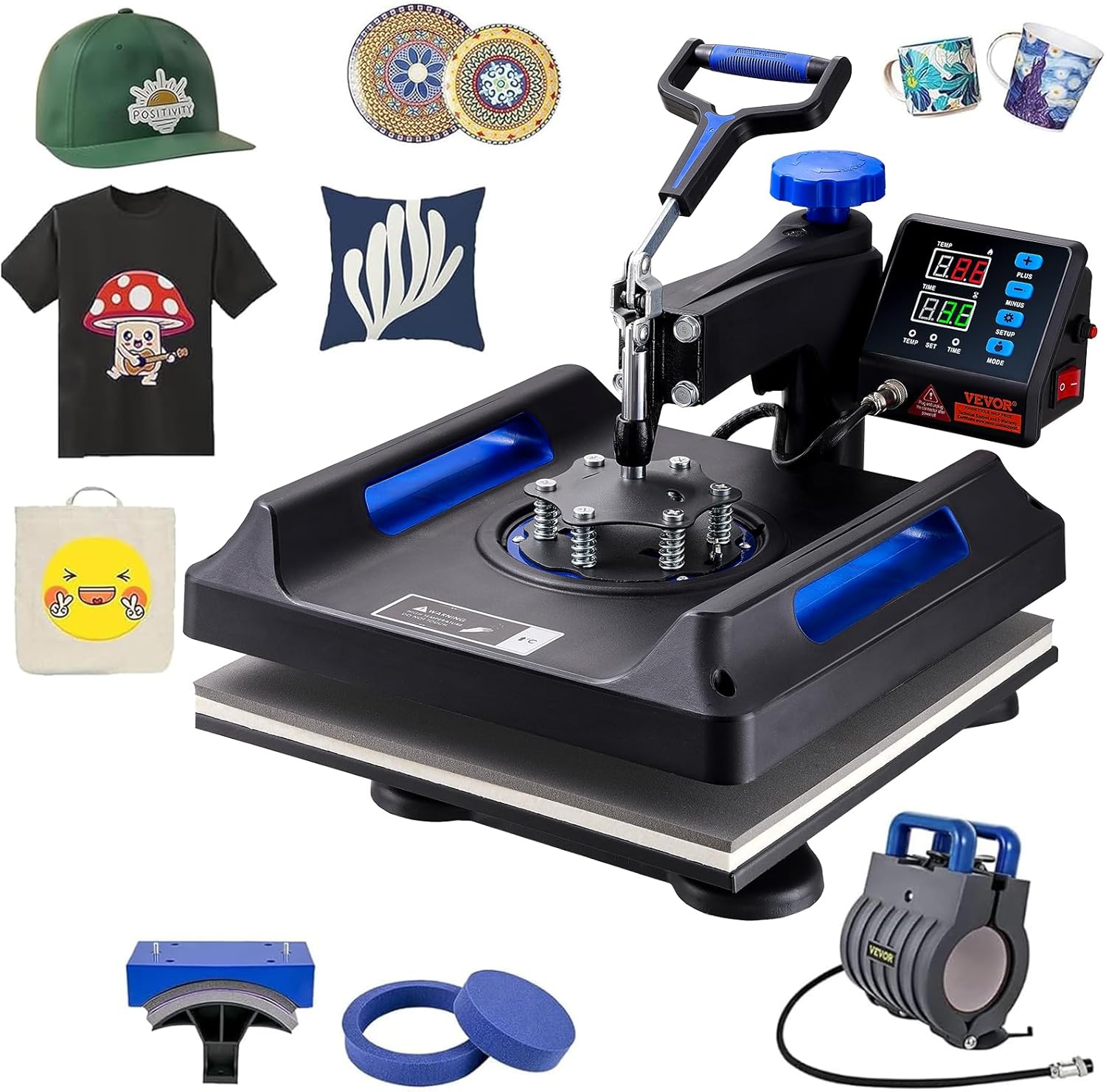 VEVOR 5 in 1 Heat Press Machine - 15x15 Inch Digital Control for T-Shirt, Hat, Mug & Plate Sublimation - Blue
