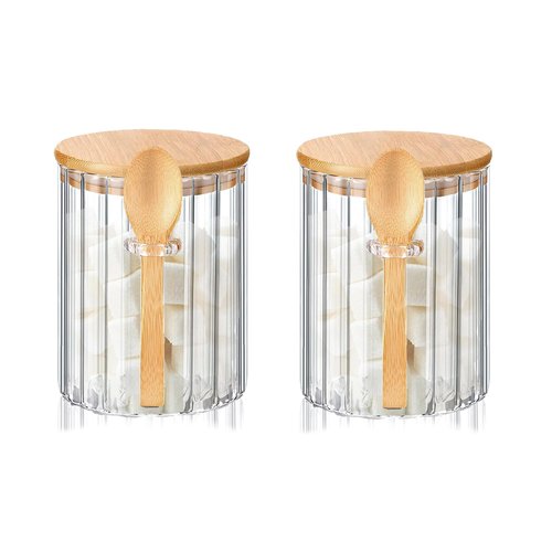 Glass Jar Sugar Container with Bamboo Spoons Lids 16 oz Sugar Bowl Coffee Bar Food Storage Jar Cereal Nuts Salts Coffee Tea Flour Sugar Container Spice（2Pack）