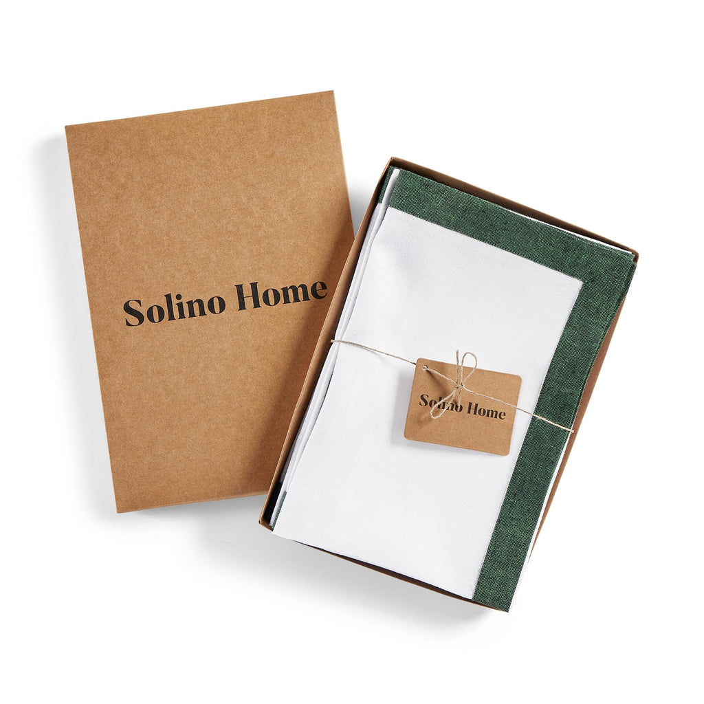 Solino Home Linen Cloth Napkins Set of 4-100% Pure Linen Forest Green and White Dinner Napkins 20 x 20 Inch - Classic, Handcrafted and Machine Washable
