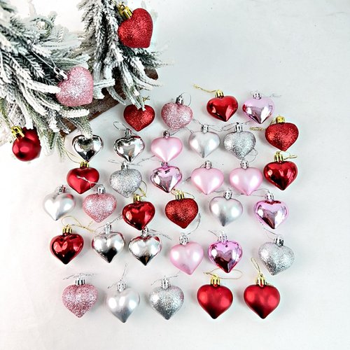 36Pcs Valentine's Day Heart Hanging Ornaments for Tree Decorations, Galentines Day Decorations Heart Shaped Baubles for Home Party Wedding Decor (Rose Red,Pink,Silver,Glitter