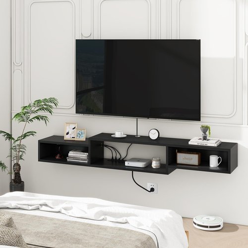 IBUYKE 71" Floating TV Stand Wall Mounted with Power Outlet,Wood Wall Mounted Media Console Shelf,Floating Entertainment Center for Under TV Storage for Living Room Bedroom Office,Black WST008B