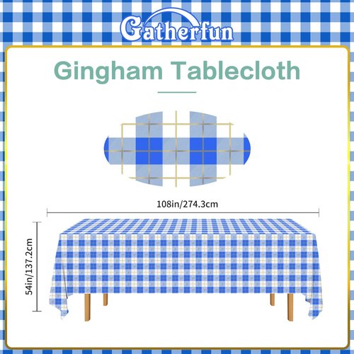 Gatherfun 3PCS Disposable Waterproof Tablecloth - Blue & White Gingham, 54x108 Inch for Picnics & Events