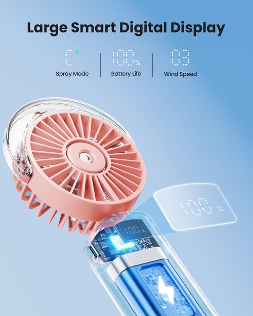 Gaiatop Portable Misting Fan, 180° Foldable Handheld, 3 Speeds USB Rechargeable, Spray Water Mist with LED Digital Display, Personal Cooling Mini Hand Fans for Travel, Hiking, Concert, Outdoor, Pink