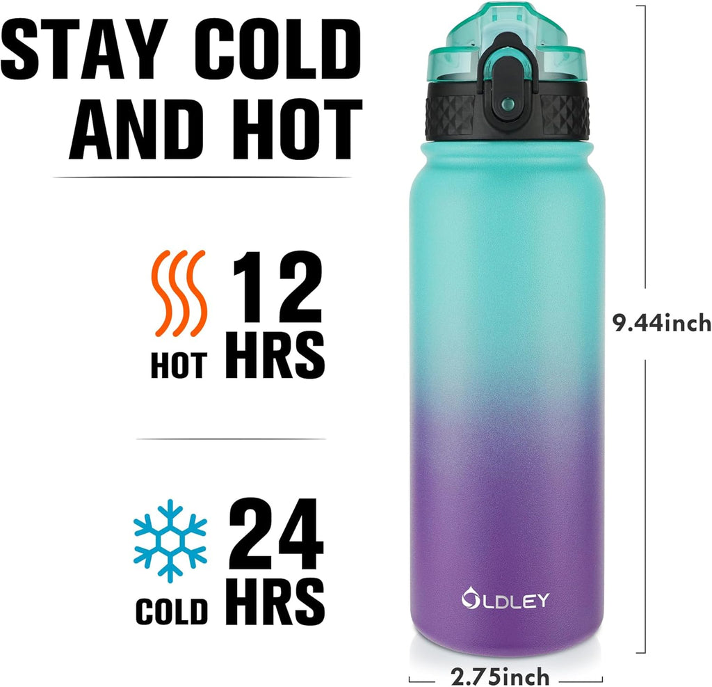 Oldley Insulated Water Bottle - 20oz Stainless Steel with 3 Lids | Leak-Proof, Double Wall, Green & Purple