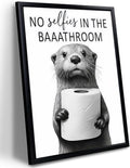 Framed Funny Bathroom Wall Art | Cute Otter Holding Toilet Paper - Black & White Canvas - 8x10in