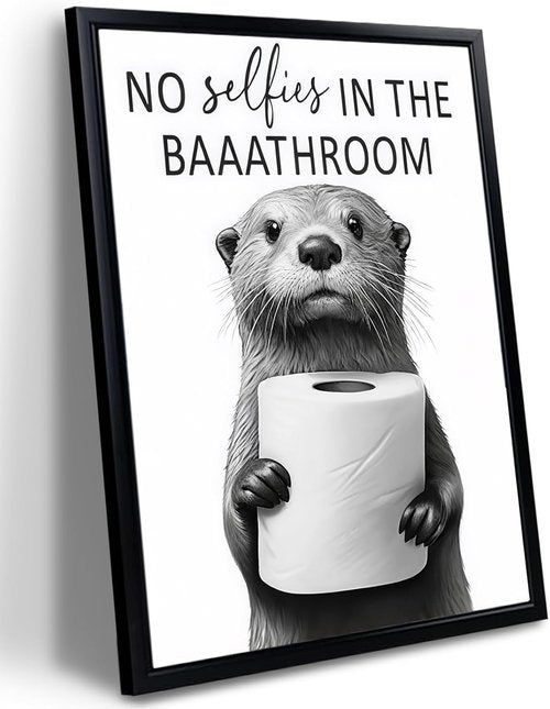 Framed Funny Bathroom Wall Art | Cute Otter Holding Toilet Paper - Black & White Canvas - 8x10in