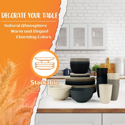 Perlapoc 40 PCS Wheat Straw Dinnerware Set | Service for 8 Plastic Dishes Set Unbreakable Plates and Bowls Sets, Drinking Glasses, Dishwasher and Microwave Safe Dish Set for KItchen - Gray Stone