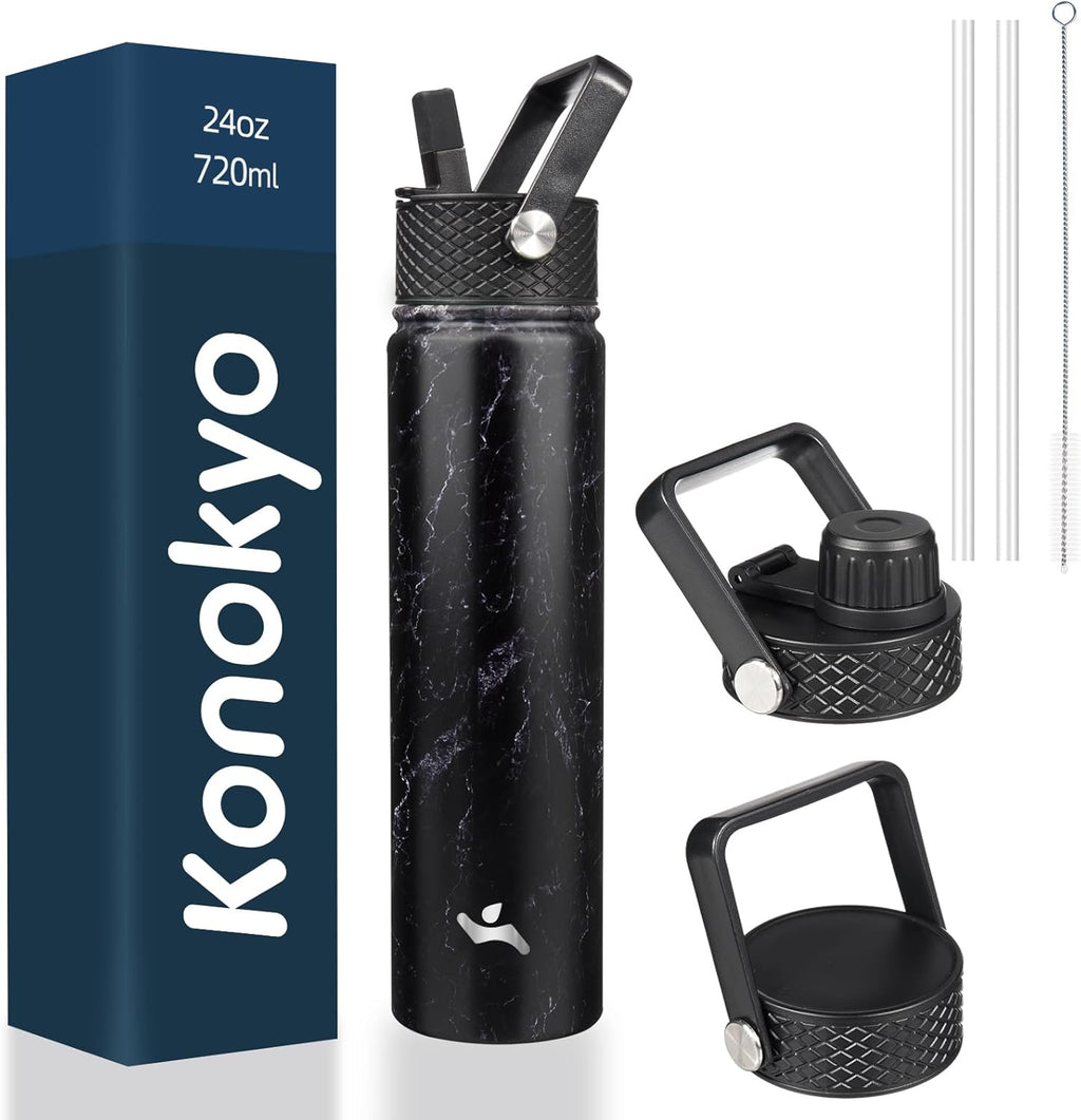 Skiennix Insulated Water Bottle - 24oz Stainless Steel Sport Bottle with 3 Lids | Marble Midnight