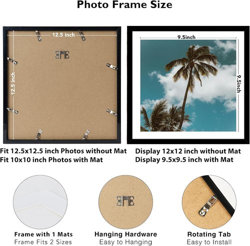 JCJMY Vinyl Record Frame - 12.5x12.5 with 10x10 Mat for Album Covers | Wall Hanging, Black Plexiglass