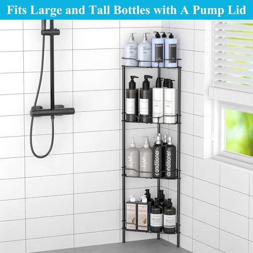 HuggieGems Corner Shower Caddy Organizer - 4 Tier Floor Standing Shelf with Hooks, Black