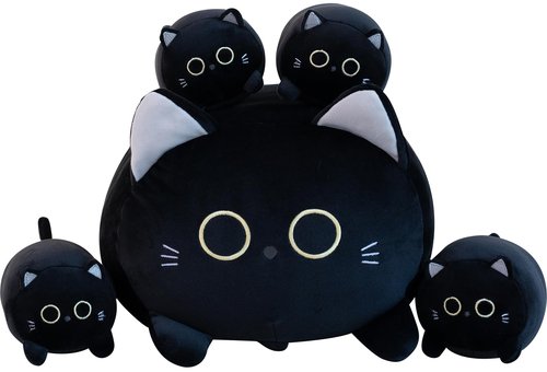 Gudisi Black Cat Plush Stuffed Animals with 4 Kitties Plushies,16" Soft Jumbo Pillow Gifts for Kids Him Her Girlfriend Boyfriend