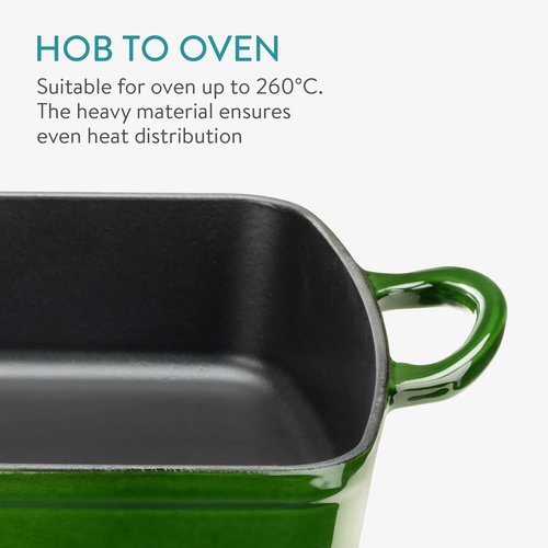 Navaris Cast Iron Casserole Dish - Enameled Oven Baking Pan - Large Enamel Coated Roasting Pan for Meat or Vegetable Casseroles, Lasagna Dish - Green