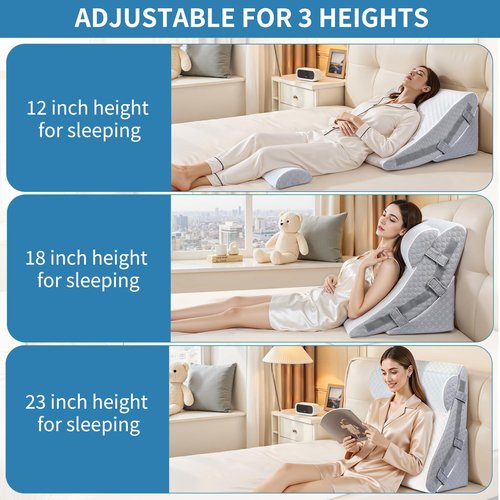 VRSHOAT 3PCS Bed Wedge Pillow Set for Sleeping, 12&18&23 Inch Adjustable Height Memory Foam Pillow Wedge for After Surgery, Acid Reflux Relief, Neck&Back&Leg Support