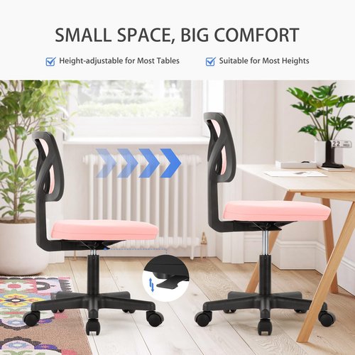 NEWBULIG Home Office Desk Chair, Armless Ergonomic Swivel Computer Chair with Wheels, Adjustable Height and Low-Back Mesh, Rolling Chair with Lumbar Support and Soft Seat for Small Spaces, Pink