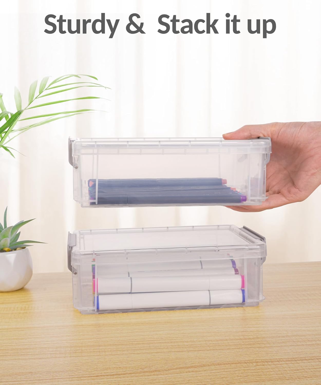 Sooez Extra Large Pencil Box Set - Clear Plastic Organizer with Lid | Stackable Storage for Art Supplies, Grey