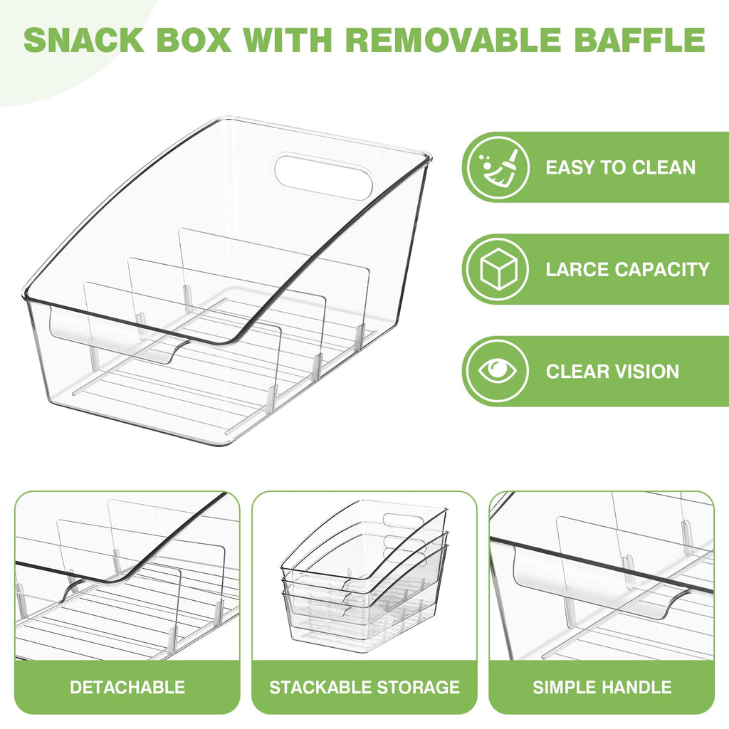 Hiitytin 4 Pack Clear Pantry Organizer Storage Bins Removable Snack Organizer Plastic Cabinet Organizers Racks with 3 Dividers, Refrigerator Bins, Kitchen Storage