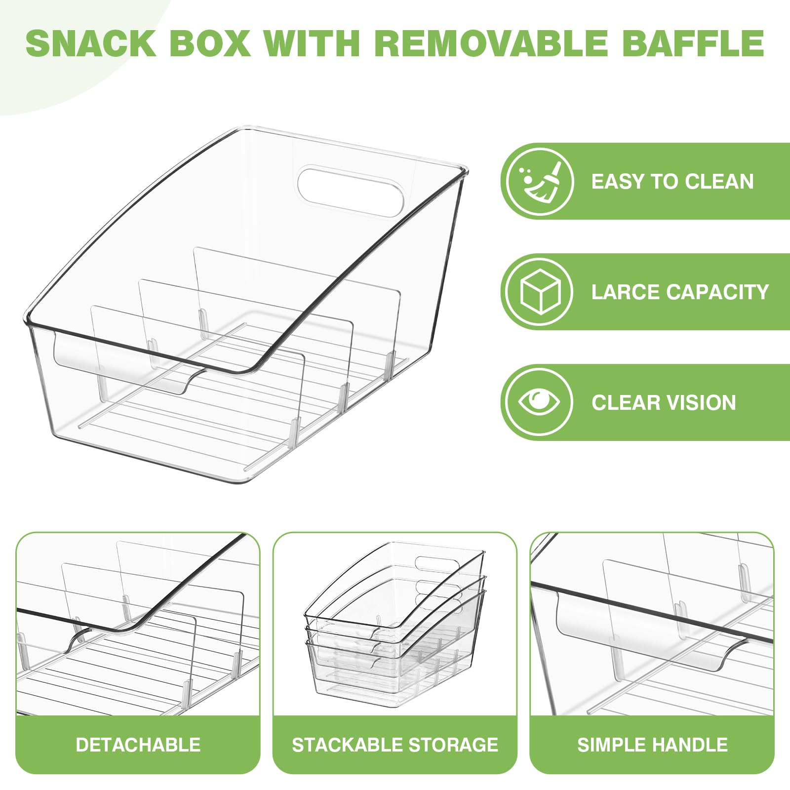 Hiitytin 4 Pack Clear Pantry Organizer Storage Bins Removable Snack Organizer Plastic Cabinet Organizers Racks with 3 Dividers, Refrigerator Bins, Kitchen Storage