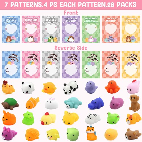 SURCVIO 28 Pack Valentines Day Gifts for Kids School, Animal Mochi Squishies with Greeting Cards, Classroom Exchange Party Favors, Stress Relief Fidget Toys, School Prize Supplies