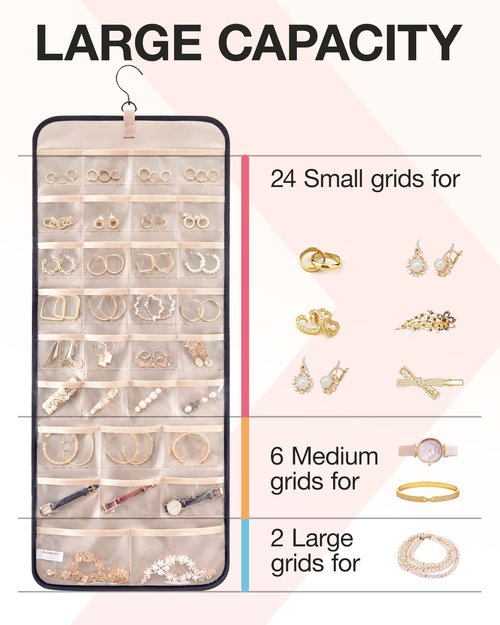 BAGSMART Hanging Jewelry Organizer Storage Roll with Hanger Metal Hooks Double-Sided Jewelry Holder for Earrings, Necklaces, Rings on Closet, Wall, Door, 1 piece, Large, Black