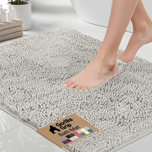GORILLA GRIP Bath Rug Mat - Soft Absorbent Chenille | Quick Dry Microfiber, 30x20, Light Gray