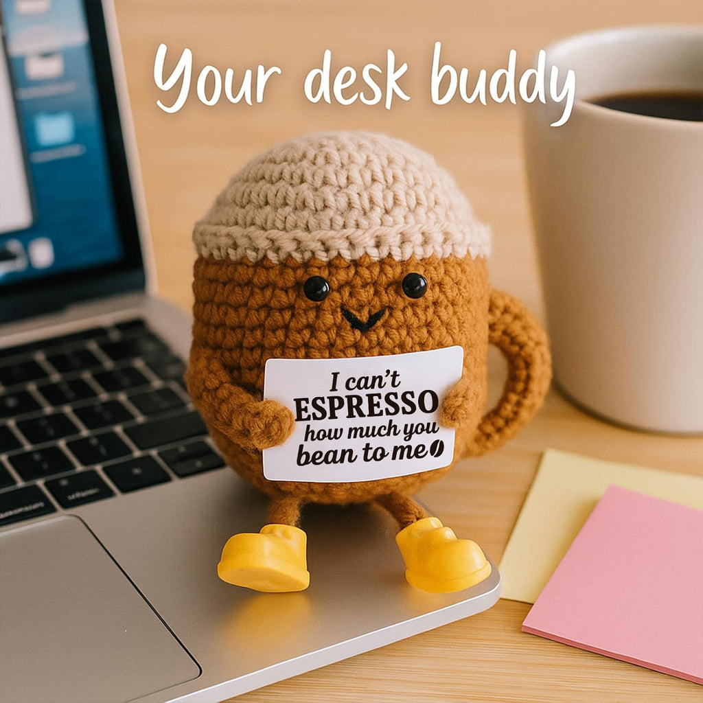 Positive Crochet Coffee Cup | Cute Desk Decor Gift for Coffee Lovers | Perfect for Him & Her