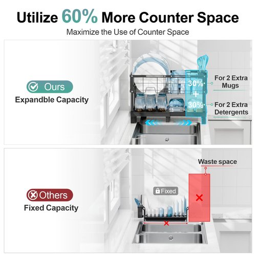 GSlife Large Dish Drying Rack - 2 Tier Dish Rack for Kitchen Counter, Expandable Capacity Dish Drainer Rack with Removable Cutlery Holder, 15.7''-20.7''L x 9.8" D x 13.4" H, Black