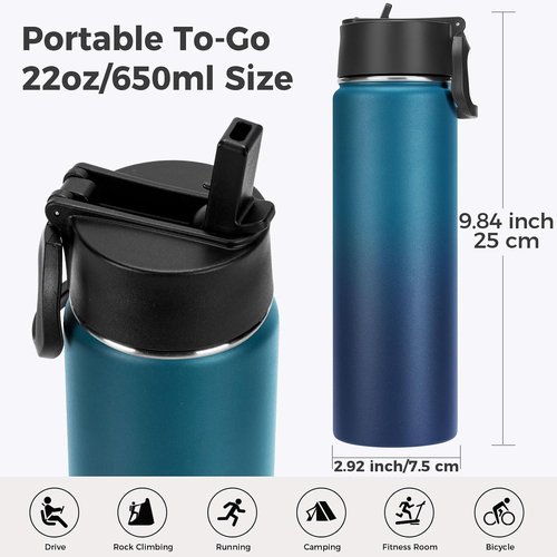 Neihepal Insulated Water Bottle - 22 Oz Double-Walled Stainless Steel with Straw Lid | Leak-Proof, Dark Night