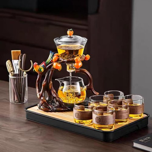 Glass Teapot with Infuser Chinese Gongfu Tea Set Bird Magnetic Semi Automatic Design for Loose Leaf Tea