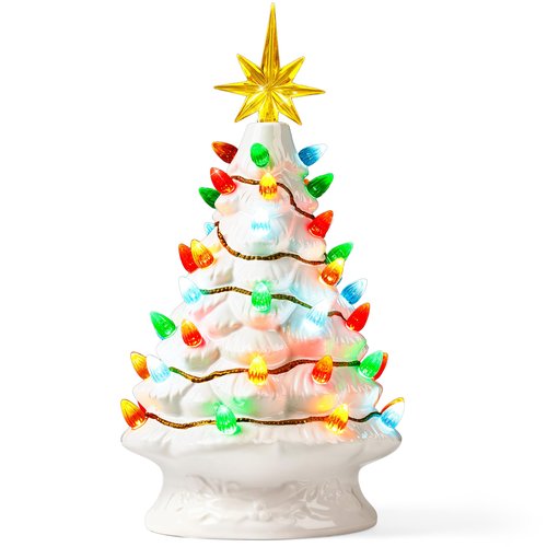 Joiedomi 12” White Christmas Ceramic Tree, Light up Tabletop Xmas Tree with 49 LED Lights, Ceramic Decor with Christmas Design, Xmas Holiday Indoor Office Table Centerpiece Decoration
