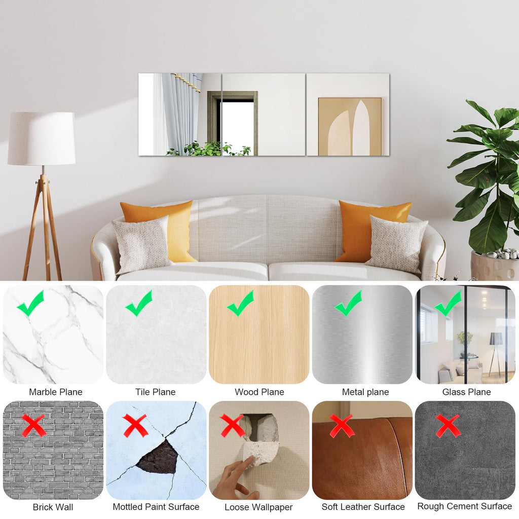 QEEYON 14 x 12 inch Glass Wall Mirror Tile Self Adhesive Frameless High Clear Mirror Sheet for Wall, Home Gym, Door, Bathroom, Bedroom Decor