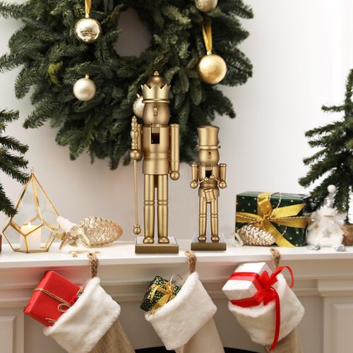 Quzzil 2 Pcs Christmas Nutcracker Ornaments Neutral Nutcracker Figures 10'' 15''Christmas Decor Ornament Soldier Festive Collectible Gift for Table Fireplace Shelf Desktop(Gold,Wooden)