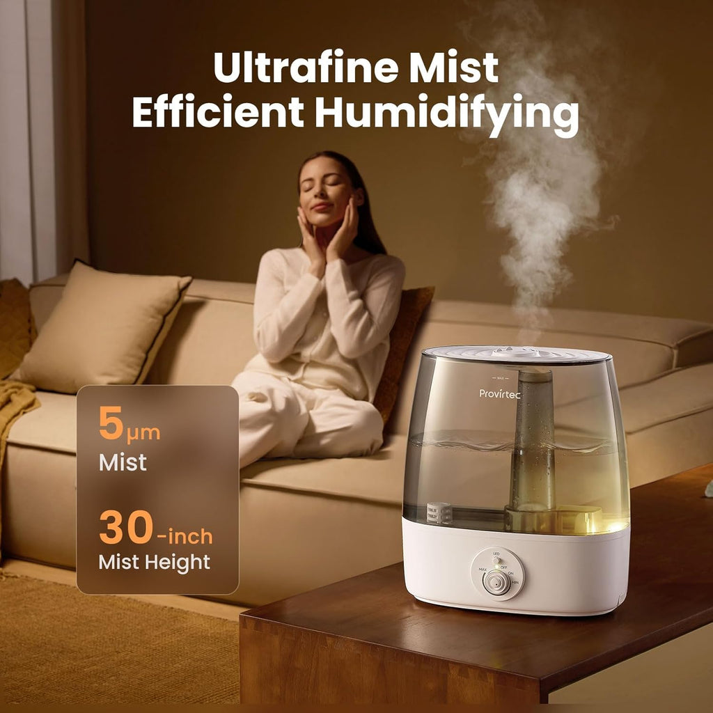 Provirtec 6.5L Humidifier - Ultra Quiet Cool Mist for Large Rooms | Low Maintenance, Top Fill Design, 65H Runtime