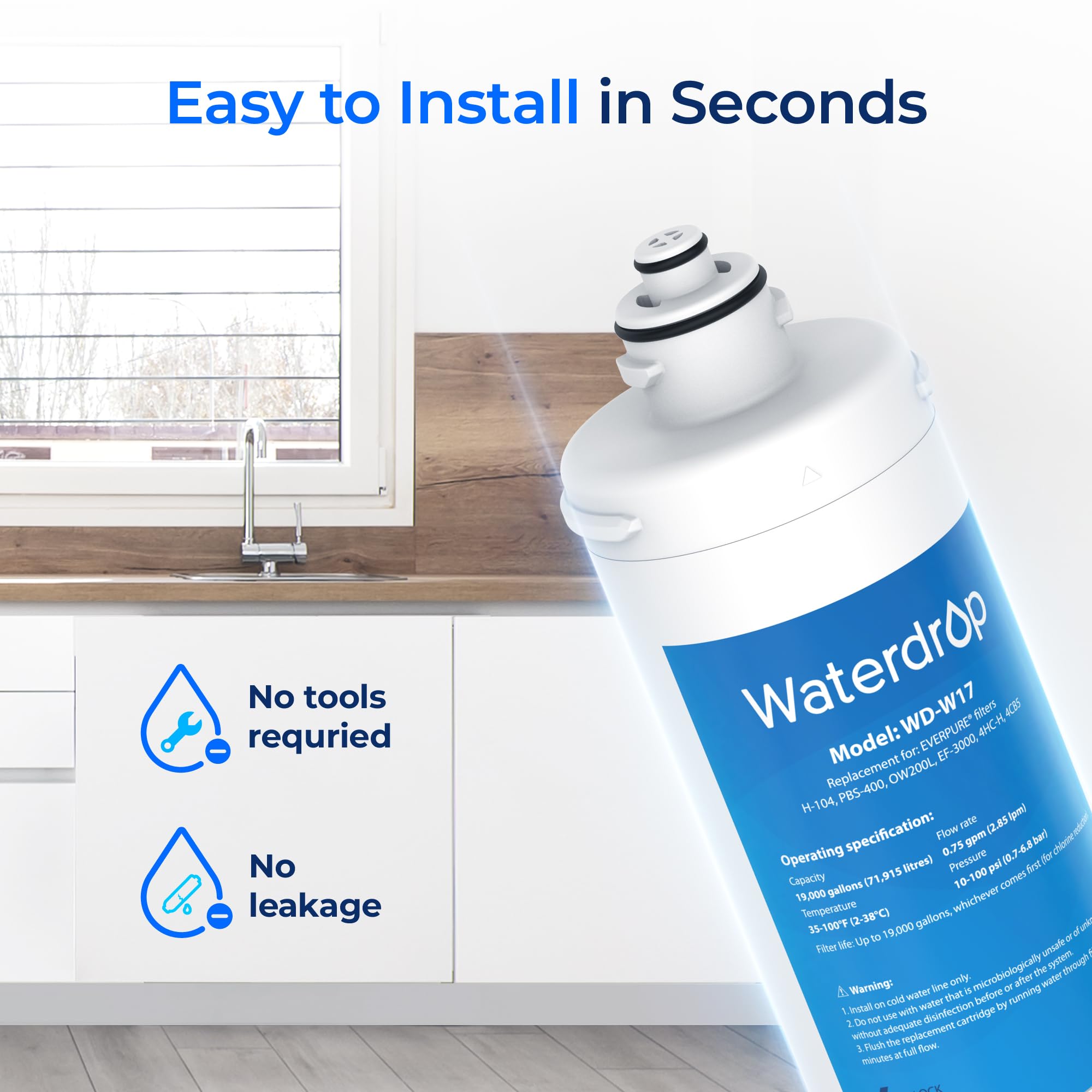 Waterdrop H-104 Under Sink Water Filter, Replacement for Everpure H-104, EV961211, EF-3000, PBS-400, OW200L, 6TO-BW, MR-100, MR-225, EV9262-71, EF9857-00, NSF/ANSI 42 Certified, 19000 Gallons