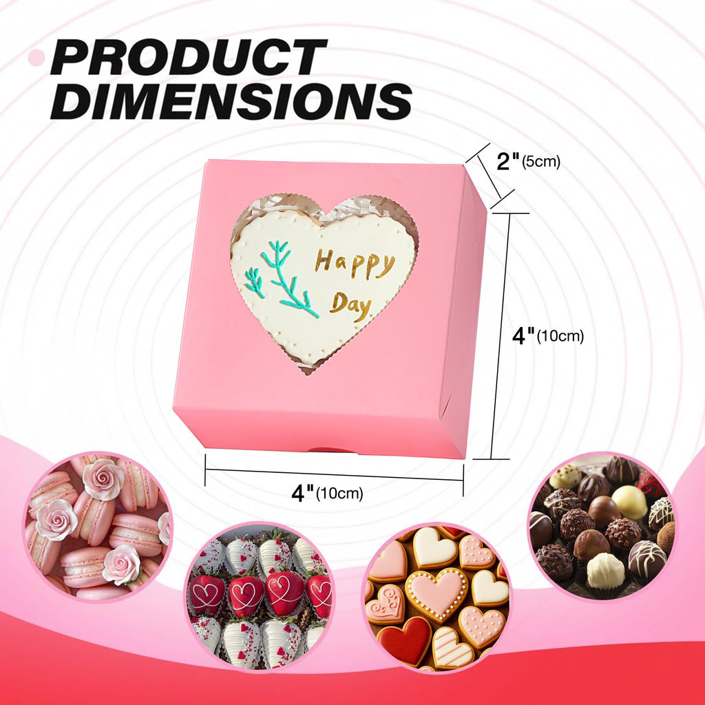 SLShePack 24Pack 4x4x2Inches Bakery Treat boxes with Heart Shaped Window Cookies Boxes Mini Baking Boxes for Cake Pie Cinnamon Roll Treat Chocolate Truffle Valentine's Day Favor