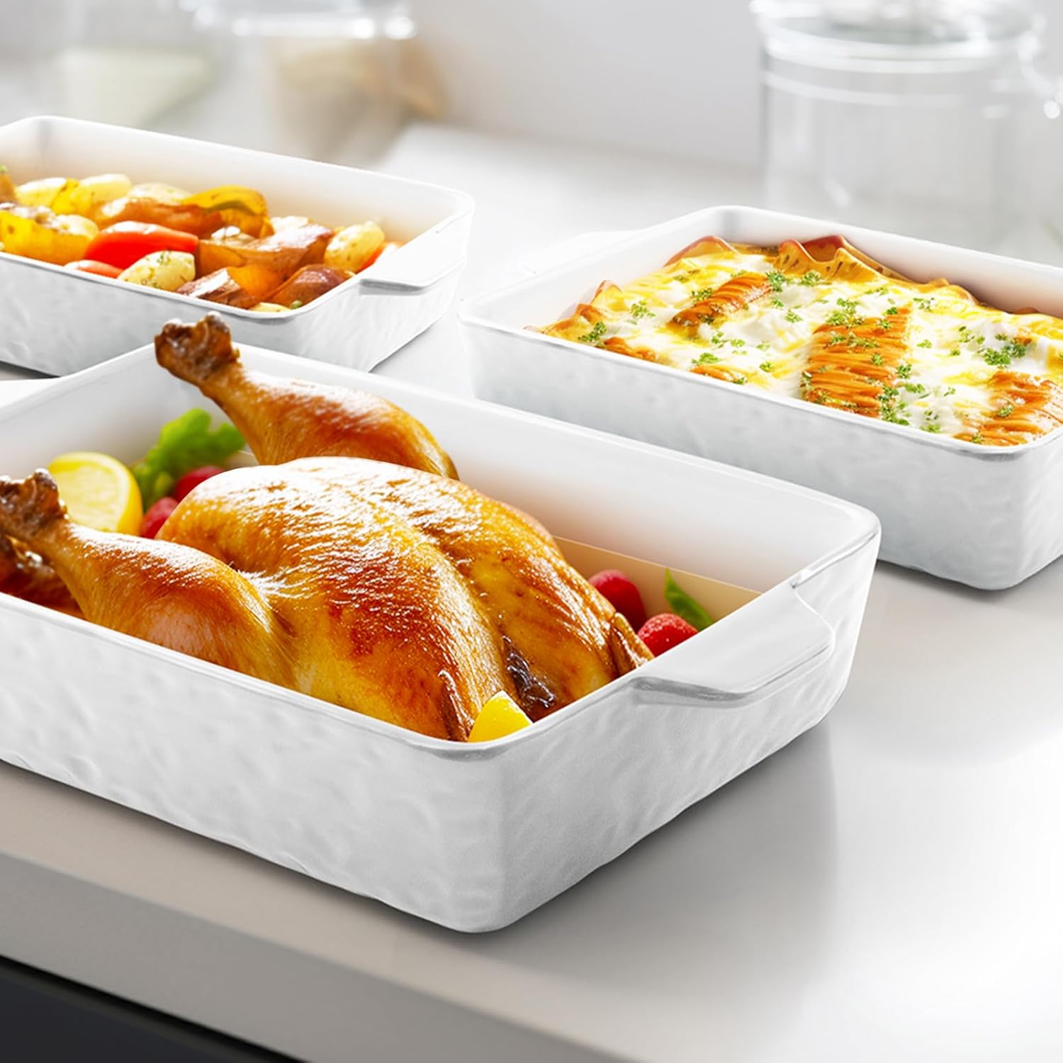 Regine Switzerland Casserole Dishes - Ceramic Baking Pan Set of 3 | Deep Lasagna Dish with Handles (11.6" x 7.8", White)