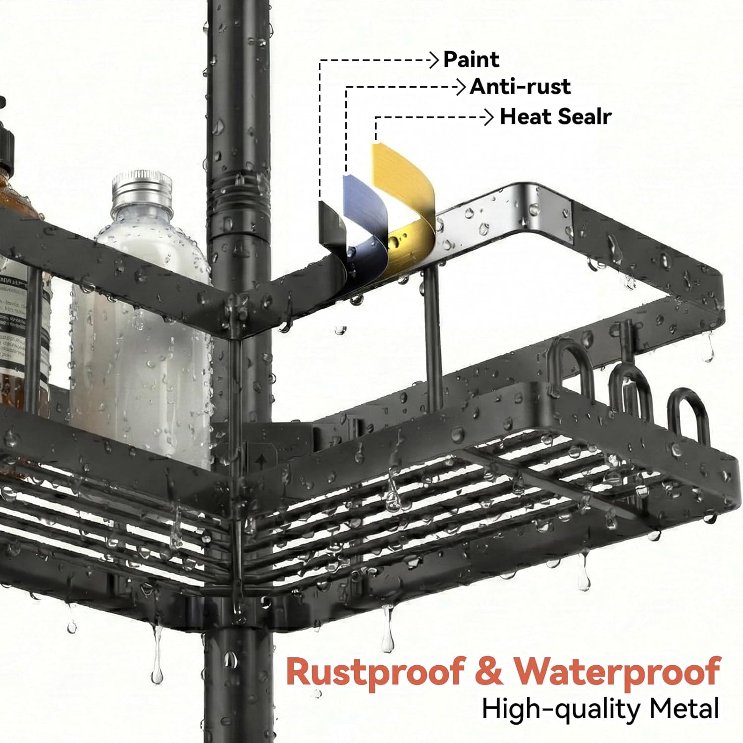 YASONIC Corner Shower Caddy - Adjustable Tension Pole Shelves, Rust-Resistant, No-Drill Installation | Black, 25.7-109.1in