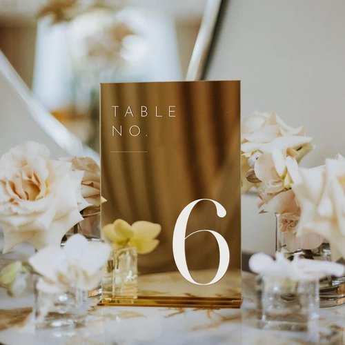 JINMURY Gold Wedding Table Numbers 1-25 with Stands, 5"x7" Gold Mirror Acrylic Table Numbers, Perfect for Wedding Reception, Party, Anniversary, Event
