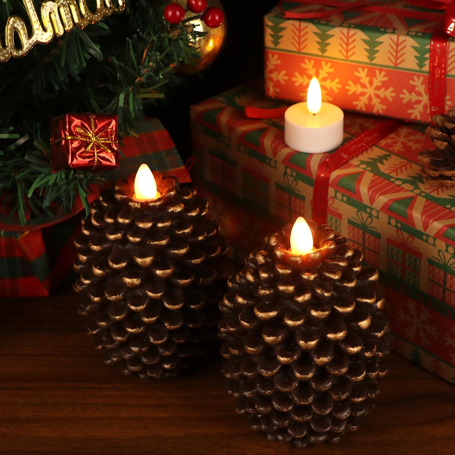 Wondise Flameless Candles - Battery Operated Real Wax Pine Cone Design | Set of 2, Brown (D3.5 x H4.7 Inch)