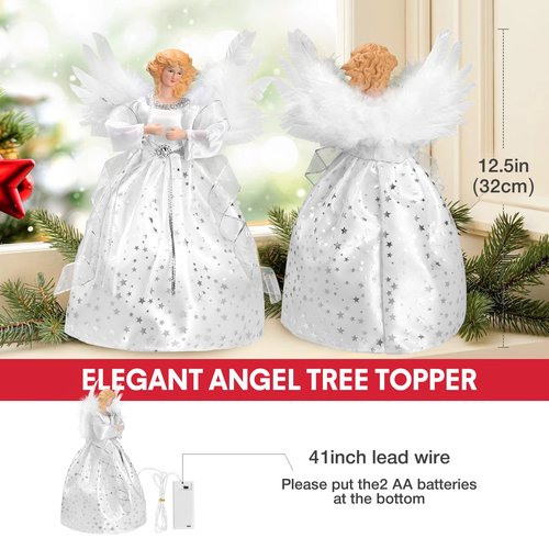 Light Angel Treetop, 12" Standing White Angel Christmas Tree Topper or Table Top, White Lighted Angel Tree Topper -Christmas Tree Topper Decoration Ornament for Home (Silver)