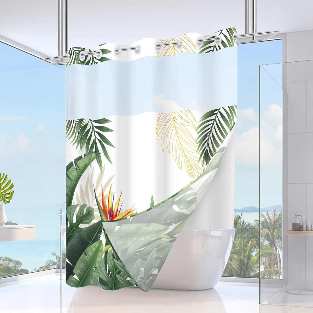 TWLSNCD No Hook Shower Curtain with Snap in Liner, Tropical Leaf Shower Curtains and Liner Set for Bathroom, Monstera Palm Leaves Floral Fabric Bath Curtain, Waterproof Washable, Green 71" x 74"