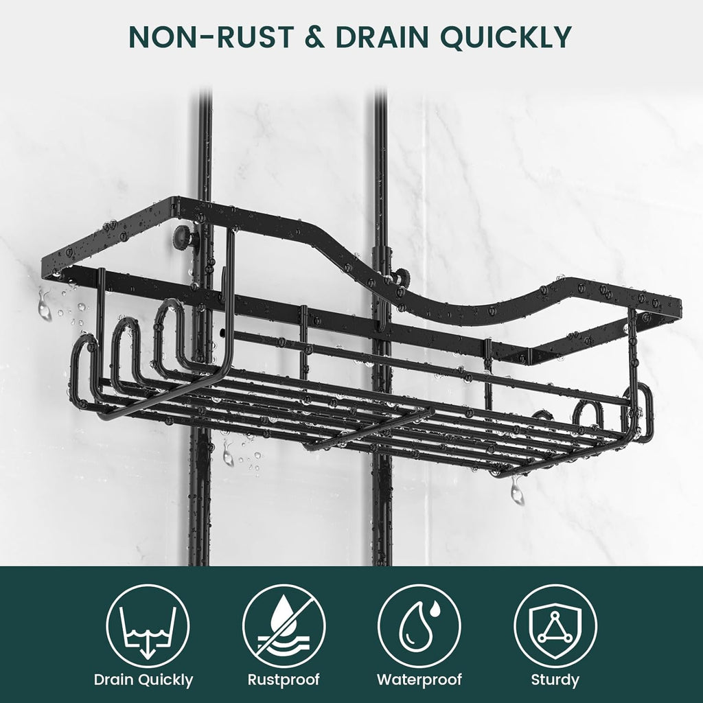 Shower Caddy - Adjustable Rustproof Organizer with Hooks | Large Capacity Black Shower Storage