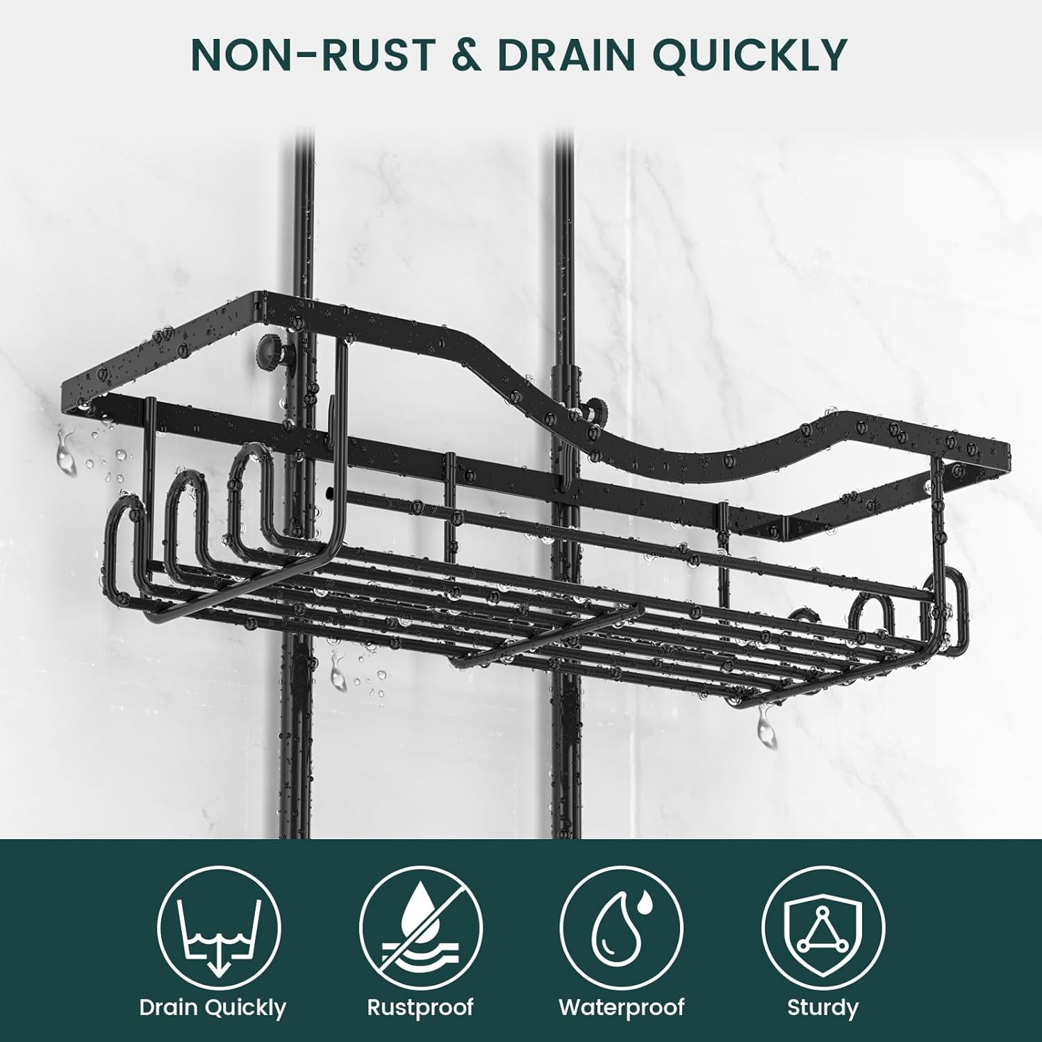 Shower Caddy - Adjustable Rustproof Organizer with Hooks | Large Capacity Black Shower Storage