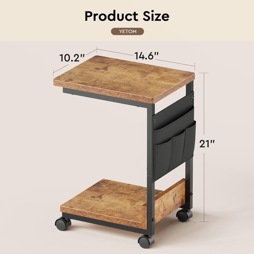 YeTom Side Table,C Table with 2-Tier Storage Shelf, End Table with a Storage Bag, Sofa Table with Wheels for Living Room, Bedroom, Office, Bathroom, Rustic Brown