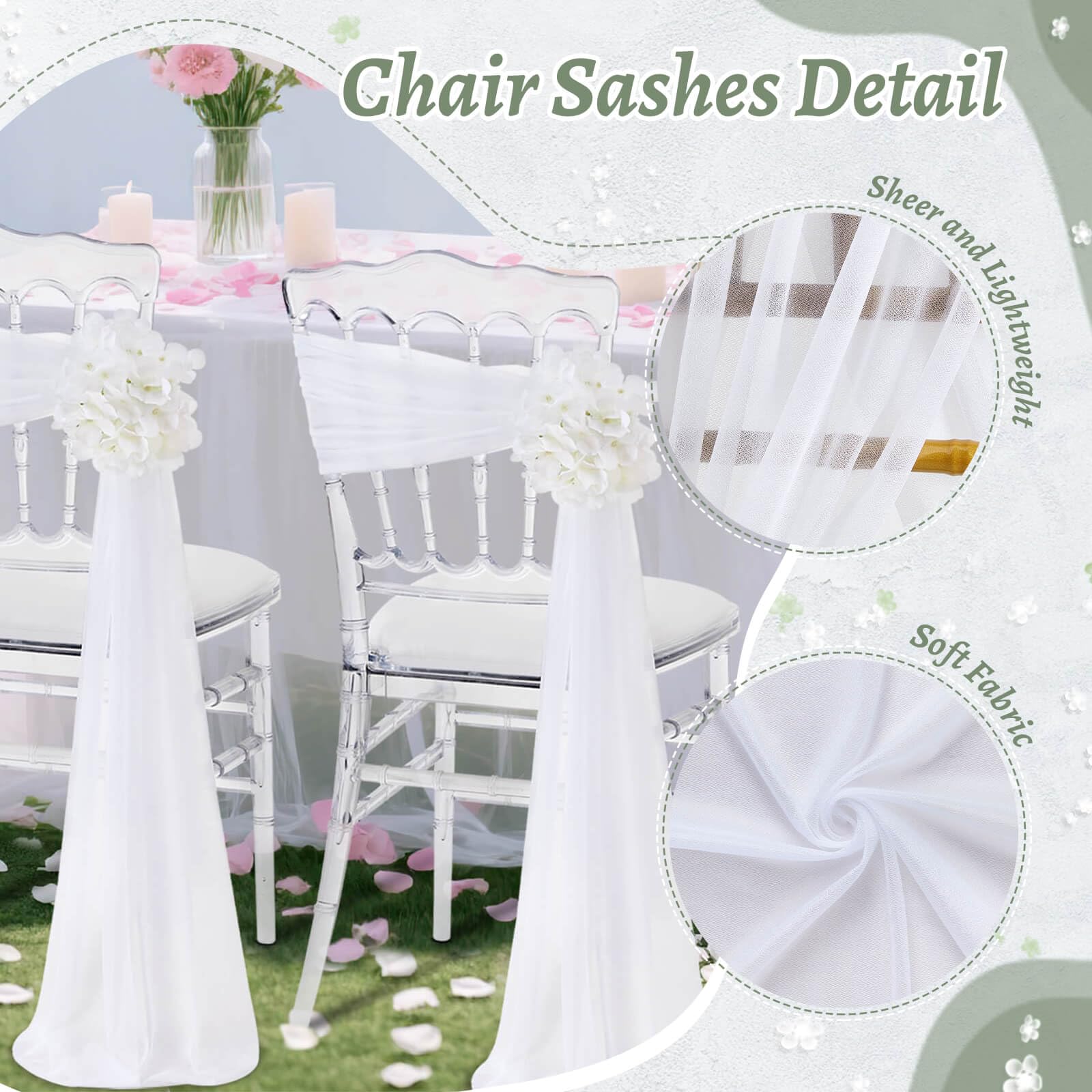 SoarDream White Wedding Chair Sashes, 16 Pack Sheer Tulle with Artificial Hydrangea Accents for Ceremony & Reception Home Chair Decorations