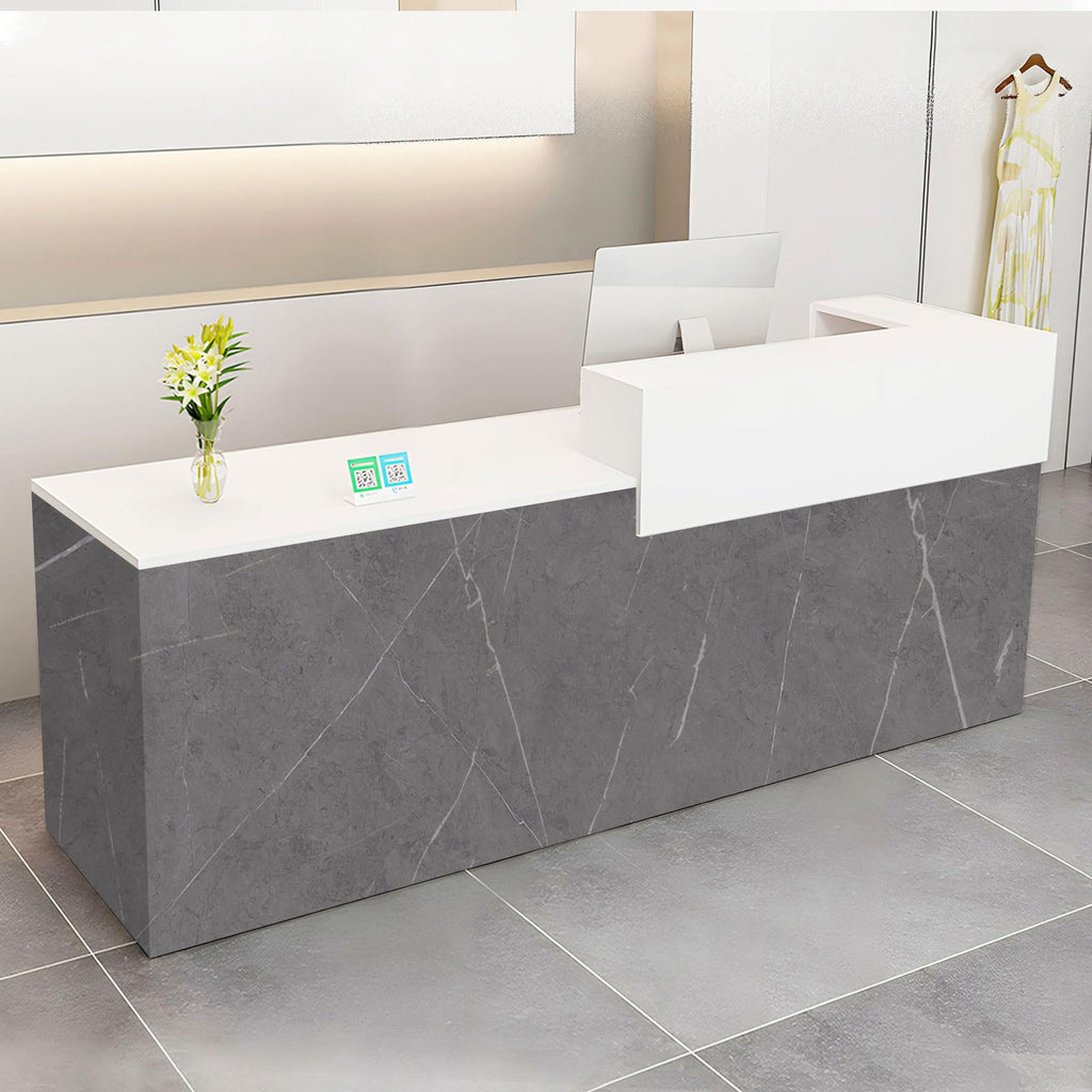 Modern Reception Desk with Drawer & Open Shelves, 39-95 Inch Front Counter Table, Computer Workstation Suitable for Salons, Offices, Lobbies, Retail Stores and Home Offices