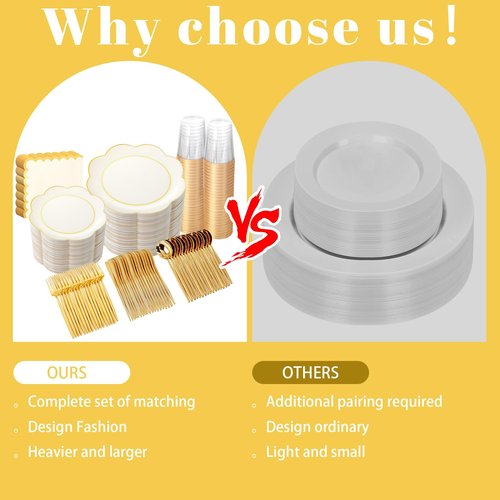 WONDERFUL 350PCS Ivory Plastic Plates for Party Plates Disposable Heavy Duty Ivory Gold Plastic Dinnerware Set for 50 Guests - 100 Disposable Plate,150 Silverware,50 Cup,50 Wedding Napkins for Wedding