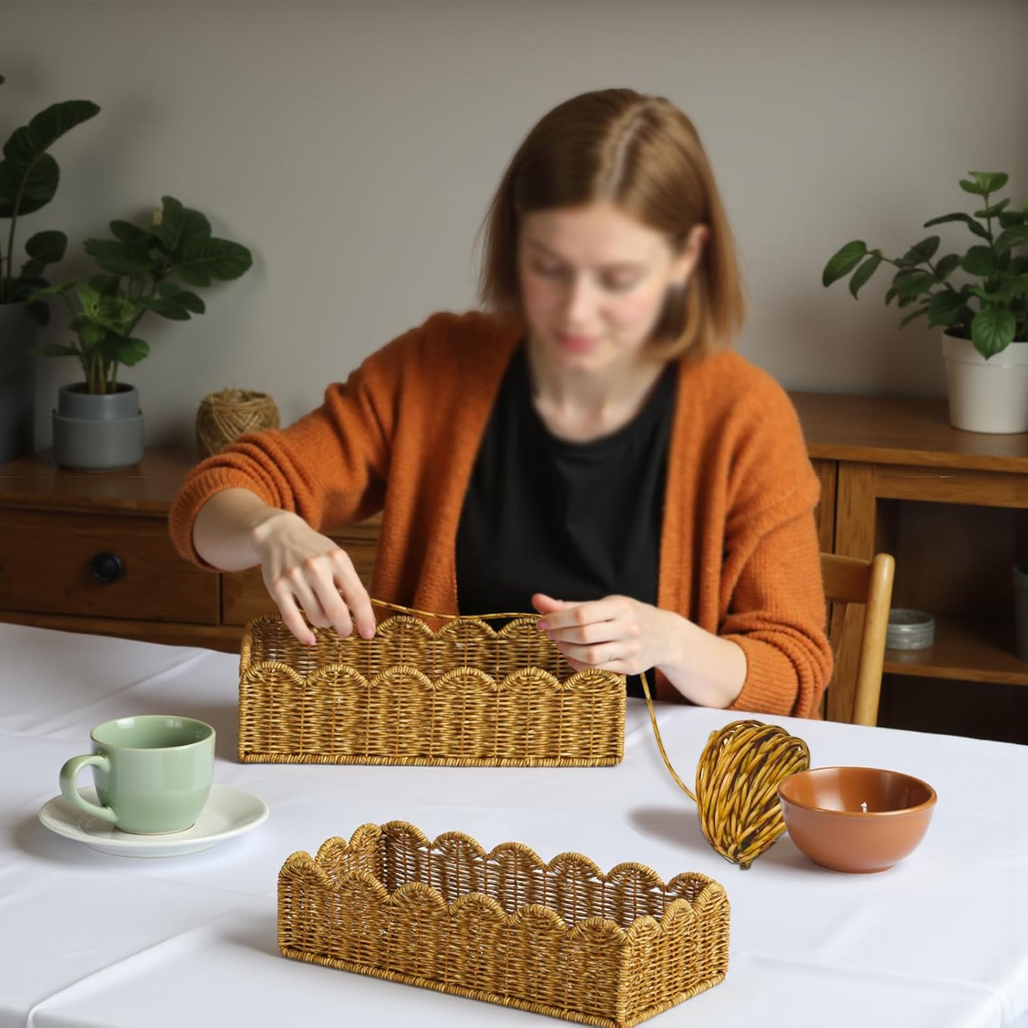 Scalloped Toilet Paper Basket - Water-Resistant Handmade Organizer in Natural Tan | Perfect for Scandinavian Kitchens
