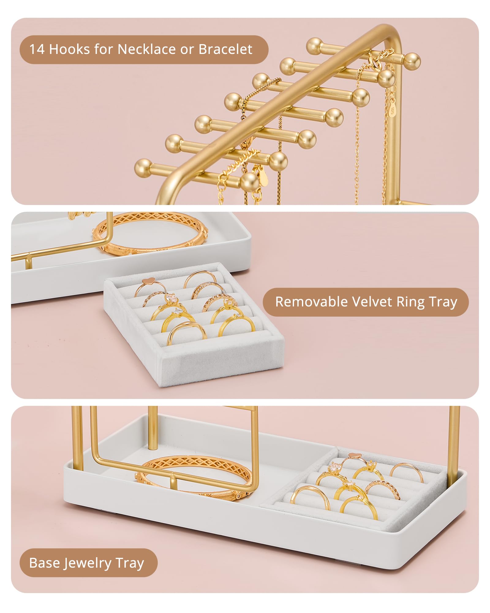 ProCase Jewelry Stand Holder Organizer, Jewelry Display Storage with Ring Tray, Rotating Earring Bracelet Necklace Holder, Valentine's Gifts Room Dorm Decor for Teen Girls -Gold (No-Assembly)